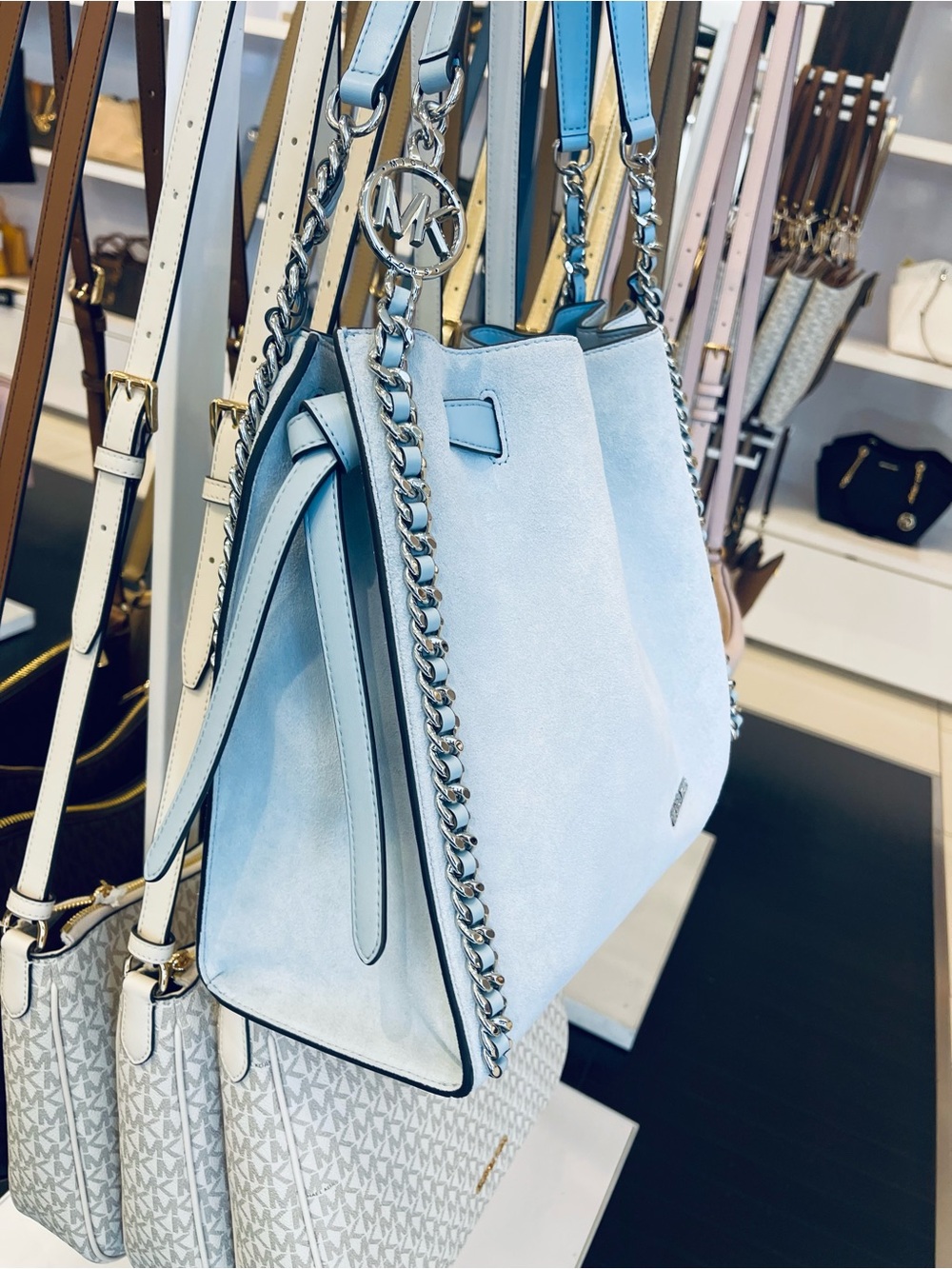 Michael Kors Mina Lg Suede Chain Shoulder Bag Pale Ocean Blue Leather NWT - Picture 7 of 16